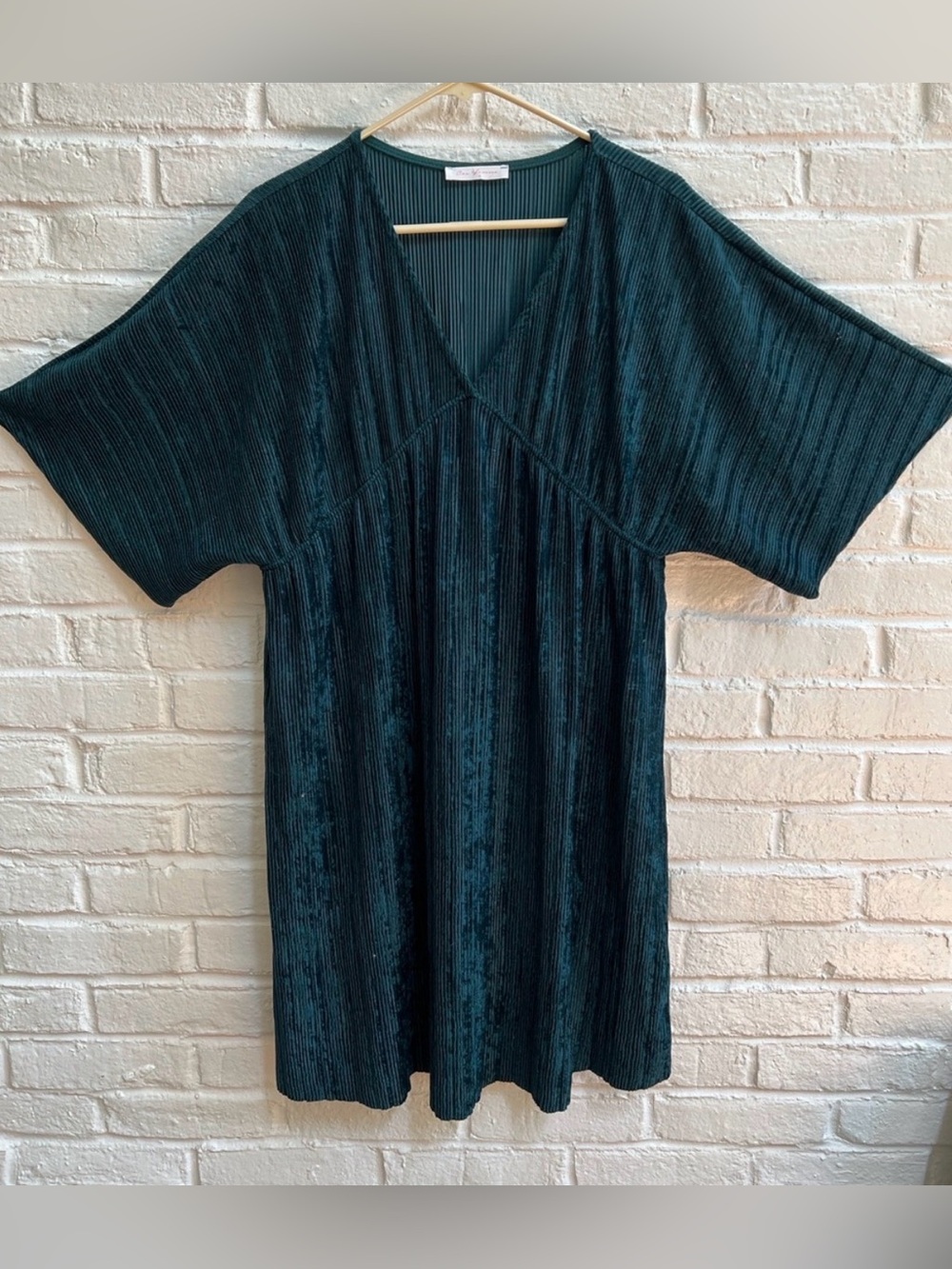 CES FEMME Emerald Green Velvet V neck Shortsleeve Mini Dress Kimono Minimalist - Picture 11 of 14
